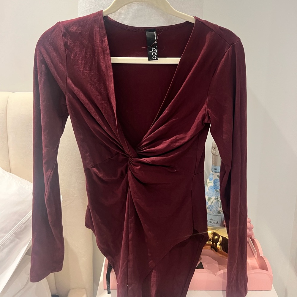 Bobi burgundy red bodysuit low V neck